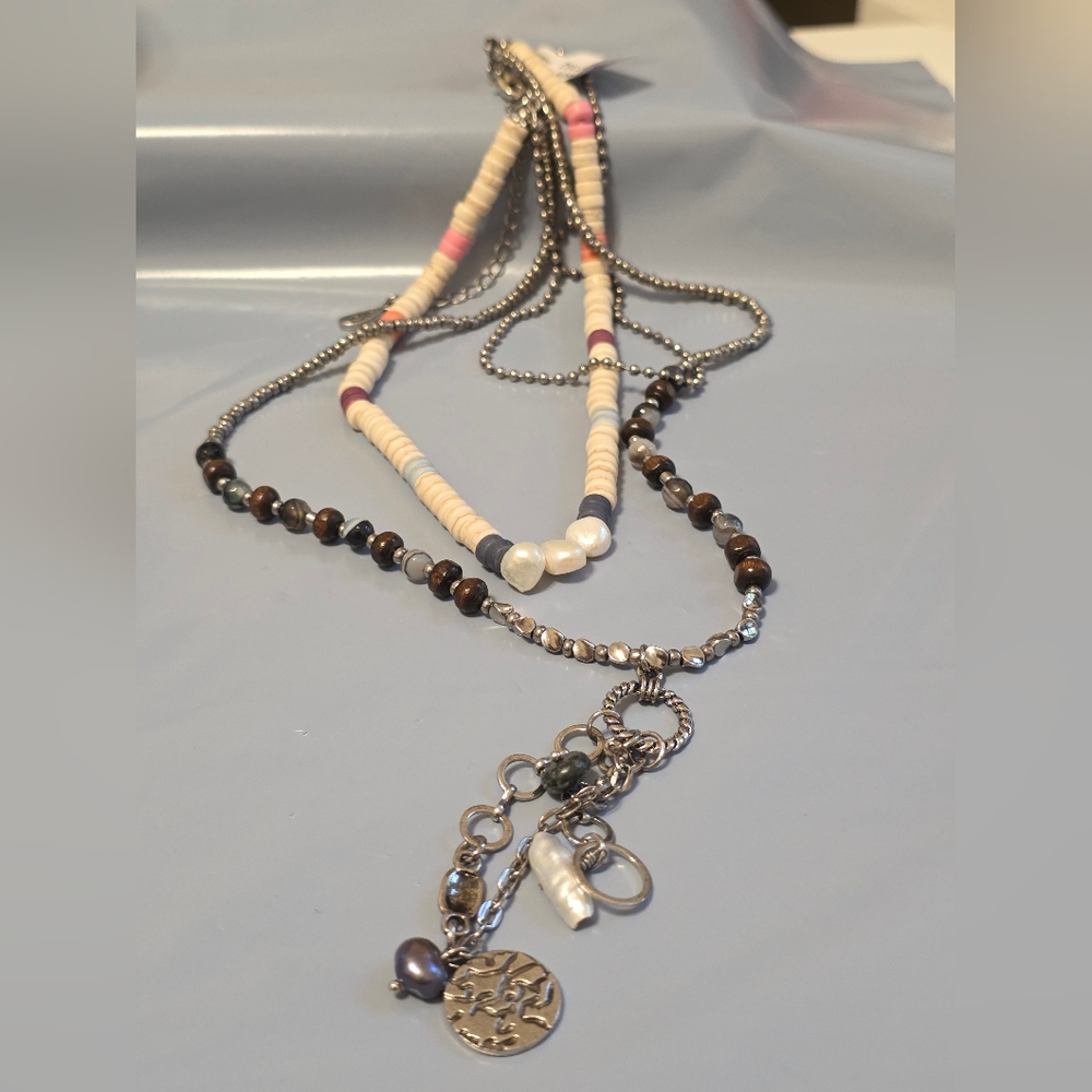 Free People Layered Beaded Charm Necklace with Silver Accents